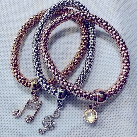Stretch Bracelets for Music Lovers - 3 Bracelets with Music Theme Charms - Picture 1 of 4